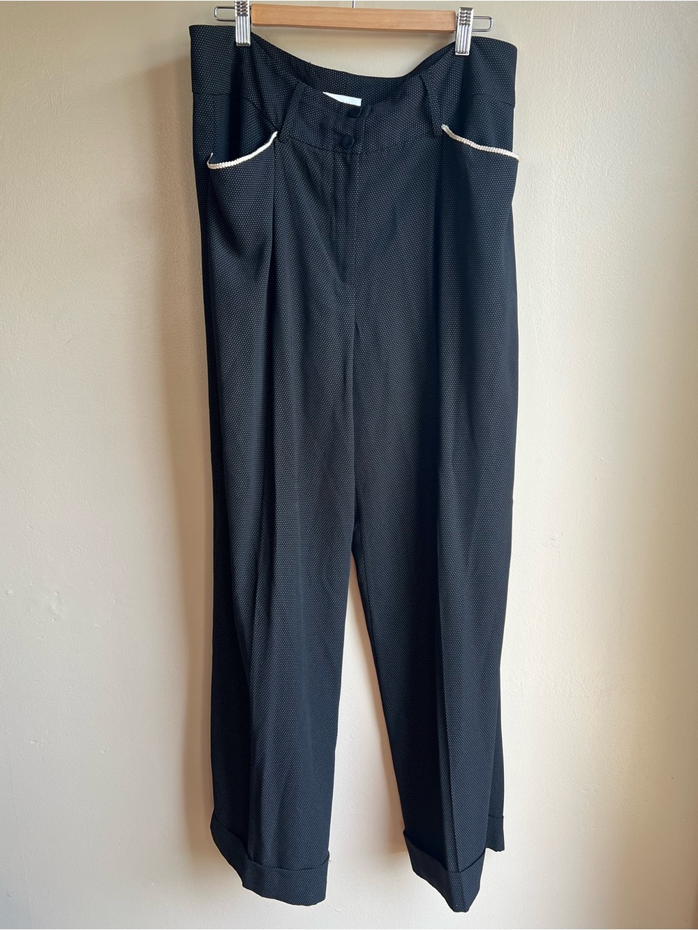 Monroe & Main Size 16 Black Micro Polka Dot High Rise Trousers Pearl Trim